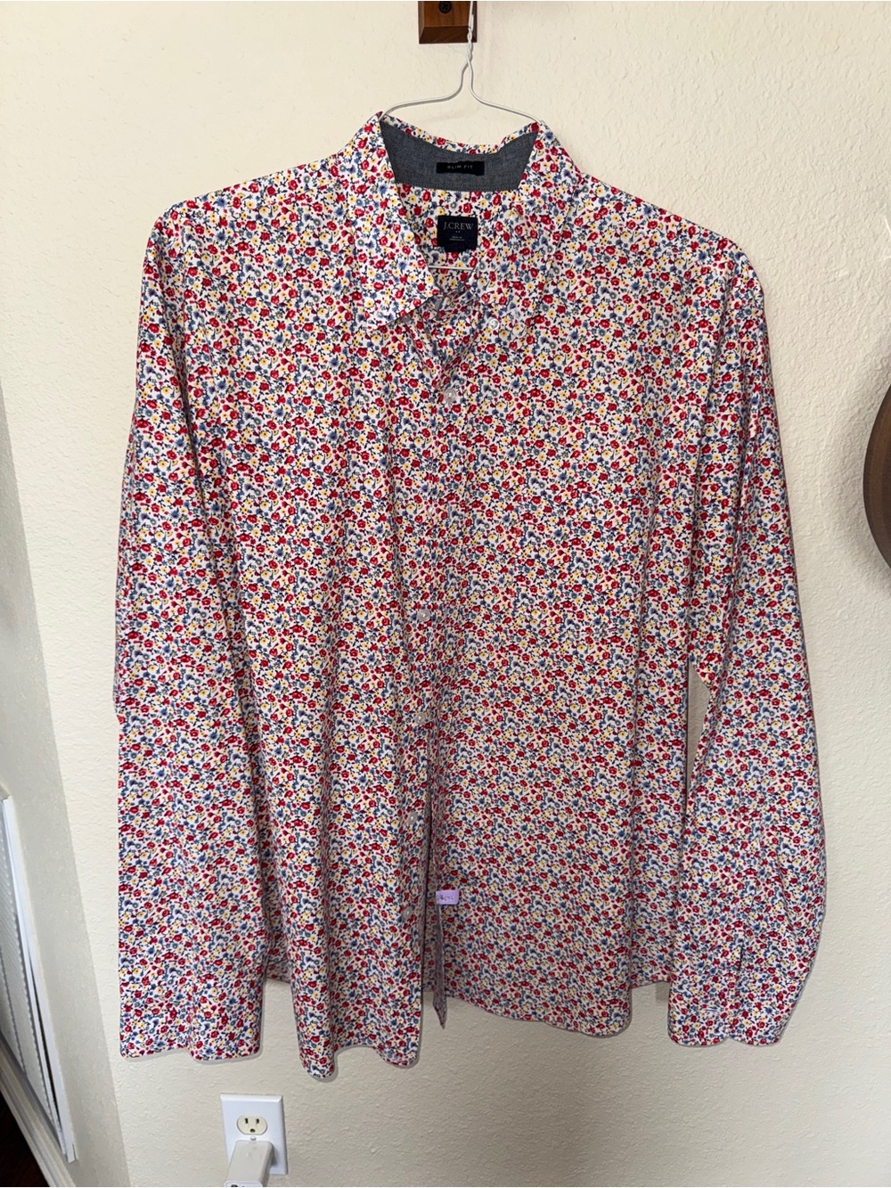 J. Crew Men's White Button-Down Shirt with Red & Blue Floral Print